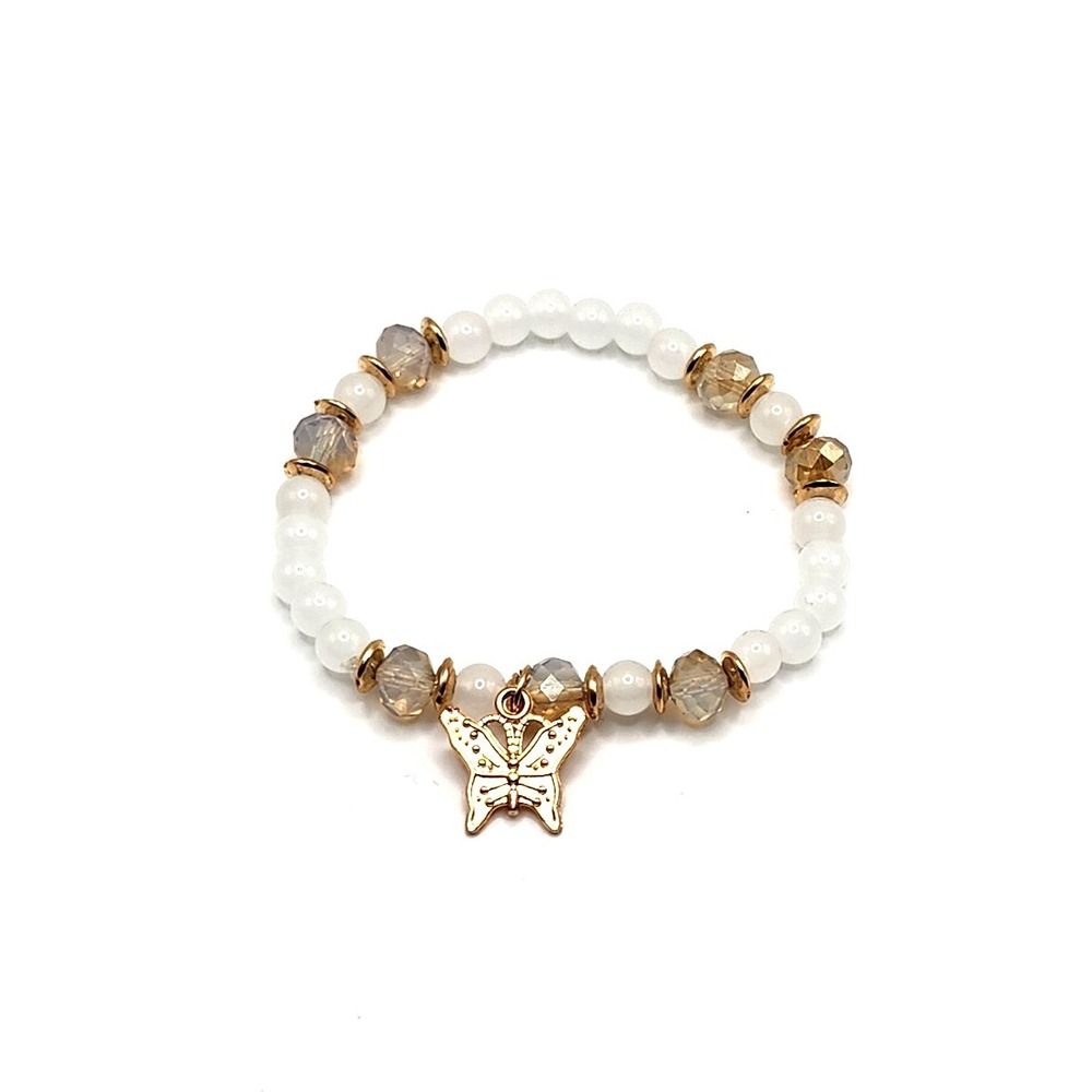 Gold Tone Butterfly Charm Beaded Bracelet Women's Stretch Frosted Beads New - Picture 3 of 3